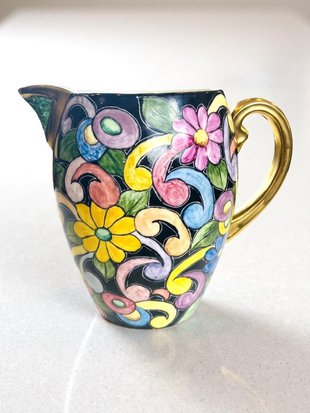 Rare Antique Spode Copeland Hand Painted Floral Black Porcelain Pitcher 6.25"